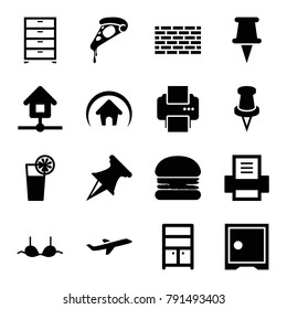Solid icons. set of 16 editable filled solid icons such as wardrobe, bra, burger, pizza, pin, plane, brick wall, cocktail, home, printer