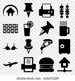 Solid icons set. set of 16 solid filled icons such as bra, printer, pizza, pin, plane, cocktail, kebab, home, mug, burger, safe