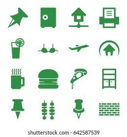 Solid icons set. set of 16 solid filled icons such as wardrobe, bra, pizza, pin, plane, cocktail, kebab, home, printer, mug, burger, safe