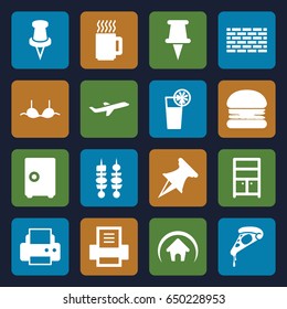 Solid icons set. set of 16 solid filled icons such as wardrobe, bra, printer, pizza, pin, plane, cocktail, kebab, home, mug, burger, safe