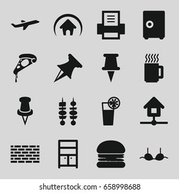Solid icons set. set of 16 solid filled icons such as wardrobe, bra, pizza, pin, plane, cocktail, kebab, home, printer, mug, burger, safe