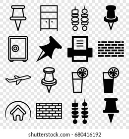 Solid icons set. set of 16 solid filled and outline icons such as pin, cocktail, kebab, printer, wardrobe, plane, home, brick wall