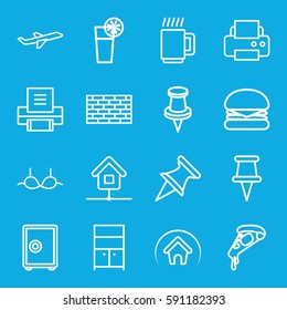 solid icons set. Set of 16 solid outline icons such as wardrobe, bra, printer, pizza, pin, plane, cocktail, home, mug, burger, safe