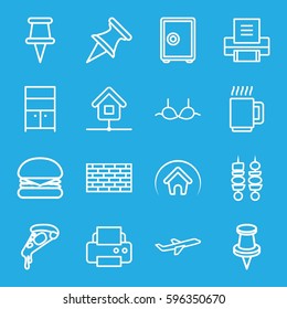 solid icons set. Set of 16 solid outline icons such as wardrobe, bra, printer, pizza, pin, plane, kebab, home, mug, burger, safe