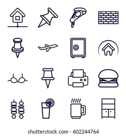 solid icons set. Set of 16 solid outline icons such as wardrobe, bra, printer, pizza, pin, plane, cocktail, kebab, home, mug, burger, safe