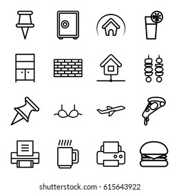 Solid icons set. set of 16 solid outline icons such as wardrobe, bra, printer, pizza, plane, pin, cocktail, kebab, home, mug, burger, safe