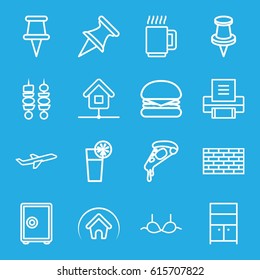 Solid icons set. set of 16 solid outline icons such as wardrobe, bra, pizza, pin, plane, cocktail, kebab, home, printer, mug, burger, safe