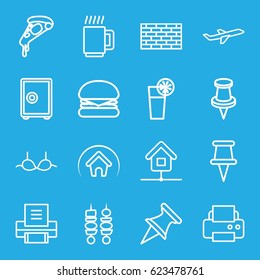Solid icons set. set of 16 solid outline icons such as bra, printer, pizza, pin, plane, cocktail, kebab, home, mug, burger, safe