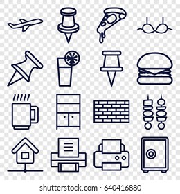 Solid icons set. set of 16 solid outline icons such as wardrobe, bra, printer, pizza, pin, plane, cocktail, kebab, home, mug, burger, safe