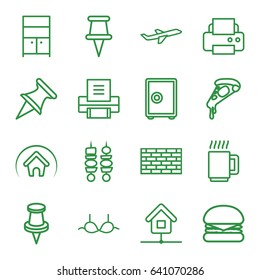 Solid icons set. set of 16 solid outline icons such as wardrobe, bra, printer, pizza, pin, plane, kebab, home, mug, burger, safe