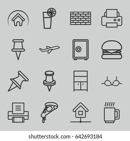 Solid icons set. set of 16 solid outline icons such as wardrobe, bra, printer, pizza, pin, plane, cocktail, home, mug, burger, safe