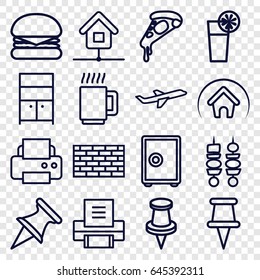 Solid icons set. set of 16 solid outline icons such as wardrobe, printer, pizza, pin, plane, cocktail, kebab, home, mug, burger, safe