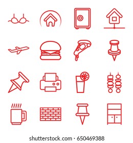 Solid icons set. set of 16 solid outline icons such as wardrobe, bra, printer, pizza, pin, plane, cocktail, kebab, home, mug, burger, safe