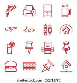 Solid icons set. set of 16 solid outline icons such as wardrobe, bra, printer, pizza, pin, plane, cocktail, kebab, home, mug, burger