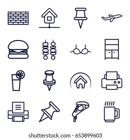 Solid icons set. set of 16 solid outline icons such as wardrobe, bra, printer, pizza, pin, plane, cocktail, kebab, home, mug, burger