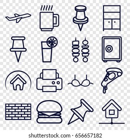Solid icons set. set of 16 solid outline icons such as wardrobe, bra, printer, pizza, pin, plane, cocktail, kebab, home, mug, burger, safe