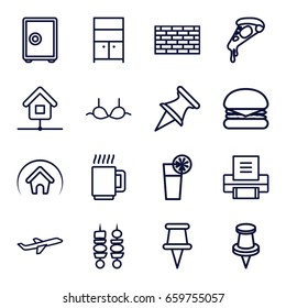 Solid icons set. set of 16 solid outline icons such as wardrobe, bra, pizza, pin, plane, cocktail, kebab, home, printer, mug, burger, safe