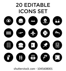 Solid icons. set of 20 editable filled solid icons such as wardrobe, bra, burger, pizza, safe, plane, brick wall, cocktail, kebab. best quality solid elements in trendy style.