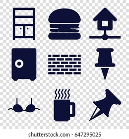 Solid icons set. set of 9 solid filled icons such as wardrobe, bra, pin, home, mug, burger, safe
