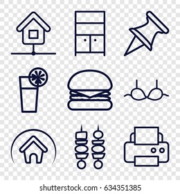 Solid icons set. set of 9 solid outline icons such as wardrobe, bra, printer, cocktail, kebab, home, burger