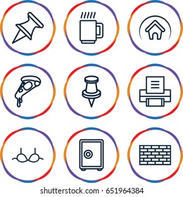 Solid icons set. set of 9 solid outline icons such as bra, pizza, pin, home, printer, mug, safe