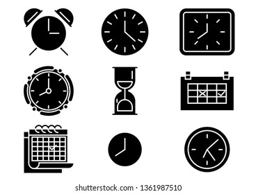 Solid icons set, Clock, Calendar, Sand clock. vector illustrations