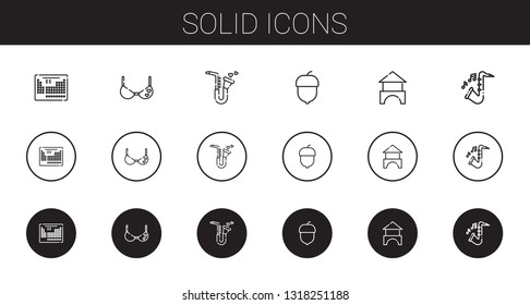 solid icons set. Collection of solid with periodic table, bra, saxophone, hazelnut, bricks. Editable and scalable solid icons.