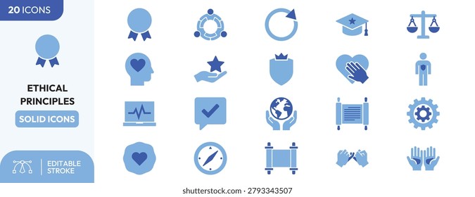 Solid icons set for ethics and principles.
