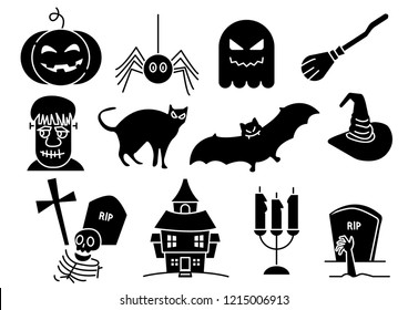 solid icons set of Halloween,witch hat,pumpkin,ghost,witch broom,cat,bat,candle,spider,tombstone,house,zombie,Hand reaching from the grave,vector illustrations