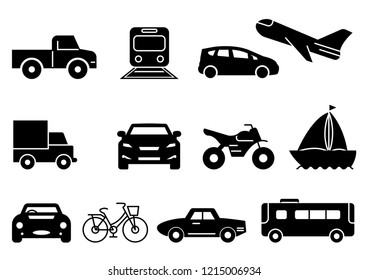 solid icons set, transportation, Airplane, Car, Truck, Bus, Train, Bicycle,Car front,Motorcycle,Pickup truck,Boat,vector illustrations