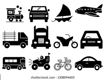 solid icons set, transportation, Airplane, Car, Truck, Bus, Train, Bicycle,Car front,Motorcycle,Pickup truck,Boat,vector illustrations