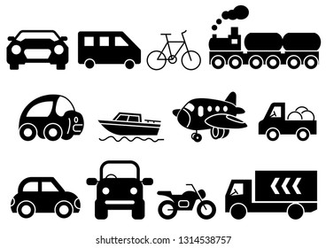 solid icons set, transportation, Airplane, Car, Truck, Bus, Train, Bicycle,Car front,Motorcycle,Pickup truck,Boat,vector illustrations