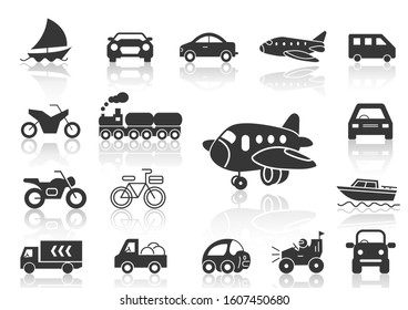 solid icons set, transportation, Airplane, Car, Truck, Bus, Train, Bicycle,Car front,Motorcycle,Pickup truck,Boat and shadow,vector illustrations