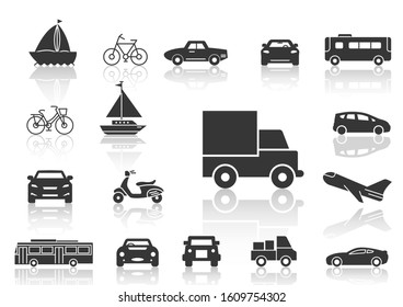 solid icons set, transportation, Airplane, Car, Truck, Bus, Bicycle,Car front,Motorcycle,Pickup truck,Boat and shadow,vector illustrations