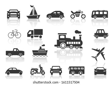 solid icons set, transportation, Airplane, Car, Truck, Bus, Train, Bicycle,Car front,Motorcycle,Pickup truck,Boat and shadow,vector illustrations