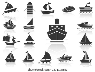 solid icons set, transportation, Boat and shadow, vector illustrations