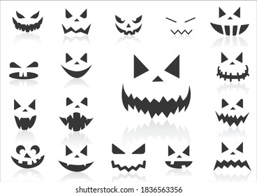 Solid icons set,Scary Halloween pumpkin faces and shadow,vector illustrations