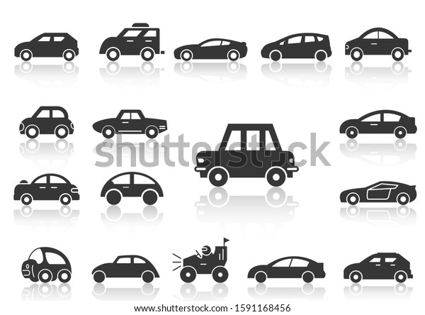 solid icons set,transportation,Black Car\
side view and shadow,vector\
illustrations