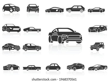 solid icons set,transportation,Car side view and shadow, vector illustrations