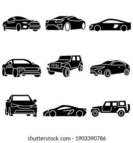 Solid icons set,transportation,Car side view,Car front,vector illustrations