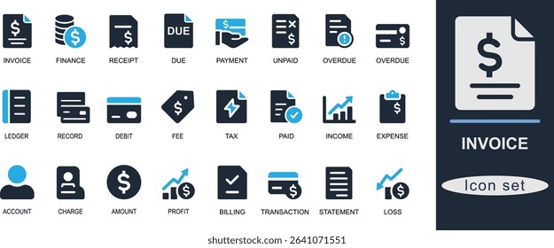 Solid invoice icon set. Featuring billing, receipt, payment, due, paid, tax, and finance symbols. Ideal for business, accounting, and UI design projects.