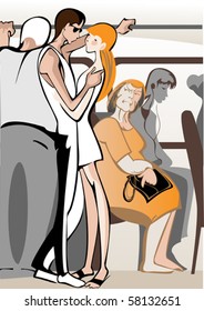 Solid  Lady accusingly looking  at a couple of young people in the train