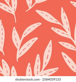 Solid leaf branches with cute dotted veins forming a one directional pattern in color palette of off white on pastel peach background. Cute leaves seamless vector pattern. Great for home decor, fabric