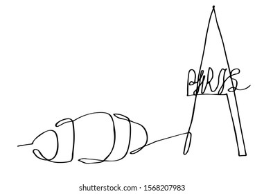 Solid line drawing. Eiffel tower and croissant sketch drawing. Vector illustration