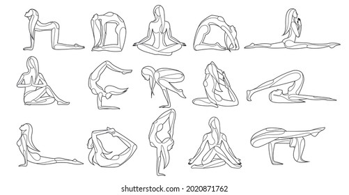 Solid line drawing, female yoginis. Set of various asanas, yoga poses. Feminine power.