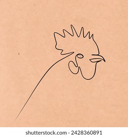 Solid line drawing. line drawing of a rooster's head. Vector minimalistic mid-century design on kraft paper