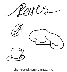 Solid line drawing. Text Paris, cup and grain of coffee with a cook hat, sketch drawing. Vector illustration. Line art, doodle