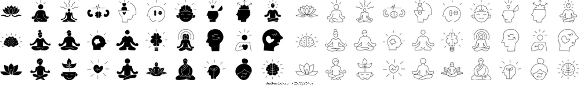 Solid and line mindfulness icon set featuring symbols of meditation, balance, and wellness, including lotus flowers, chakras, and yoga poses, ideal for apps, wellness designs, or holistic branding.