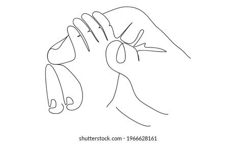 Solid line, mother's hand holding baby's hand. Mother's Day concept. Vector illustration