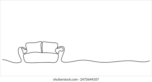 Solid linear drawing of a sofa with pillows in one line. Furniture for relaxation. Minimalist line style